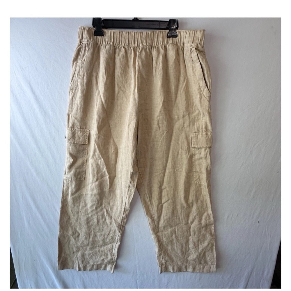 C&C California Womens XL Tan‎ 100% Linen Cargo Pants Elastic Waist Beige Relaxed